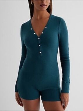 Express Teal Long-Sleeve One-Piece Henley Pajamas